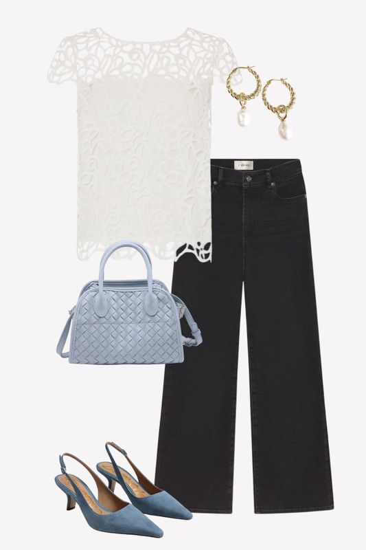 pinterest faltlay, white lace top w/ black jeans and blue shoes, 7/17/25